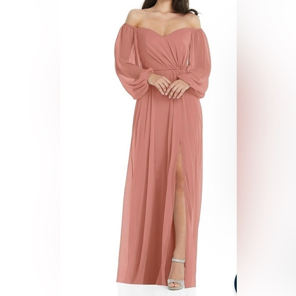 DESSY COLLECTION OFF THE SHOULDER PUFF SLEEVE MAXI DRESS FRONT SLIT DESERT ROSE - Picture 1 of 8